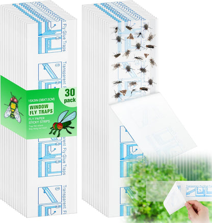 Qualirey 30 Pack XL Window Fly Traps for Indoors, Extra Large Fly Paper Sticky Strips, Waterproof & Non Toxic Clear Sticky Traps for Windows, Bug Catcher for House, Kitchen and Office(15"×3")