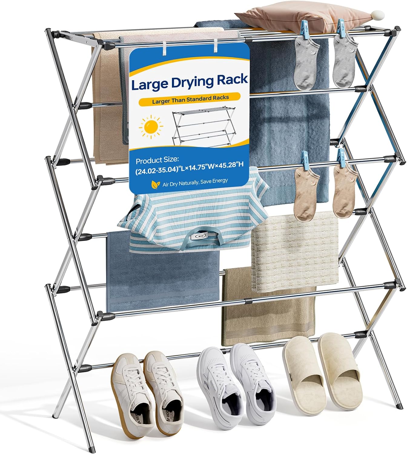 APEXCHASER Extra Large Clothes Drying Rack, Foldable & Extendable Laundry Rack with Adjustable Size (20.87"-35.43" L), Space-Saving, Rust-Resistant Frame for Indoor/Outdoor Use, White
