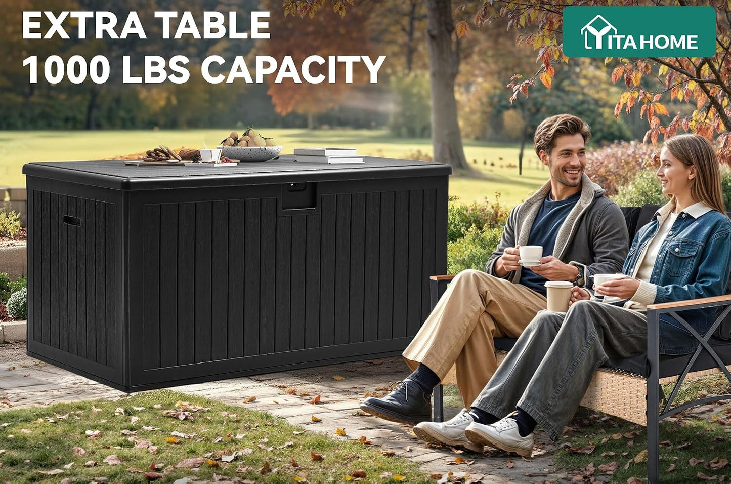 YITAHOME 100 Gallon Large Outdoor Deck Box | Waterproof Resin Storage Box, Lockable Indoor Outdoor Storage Container for Patio Furniture Cushions, Pool Accessories