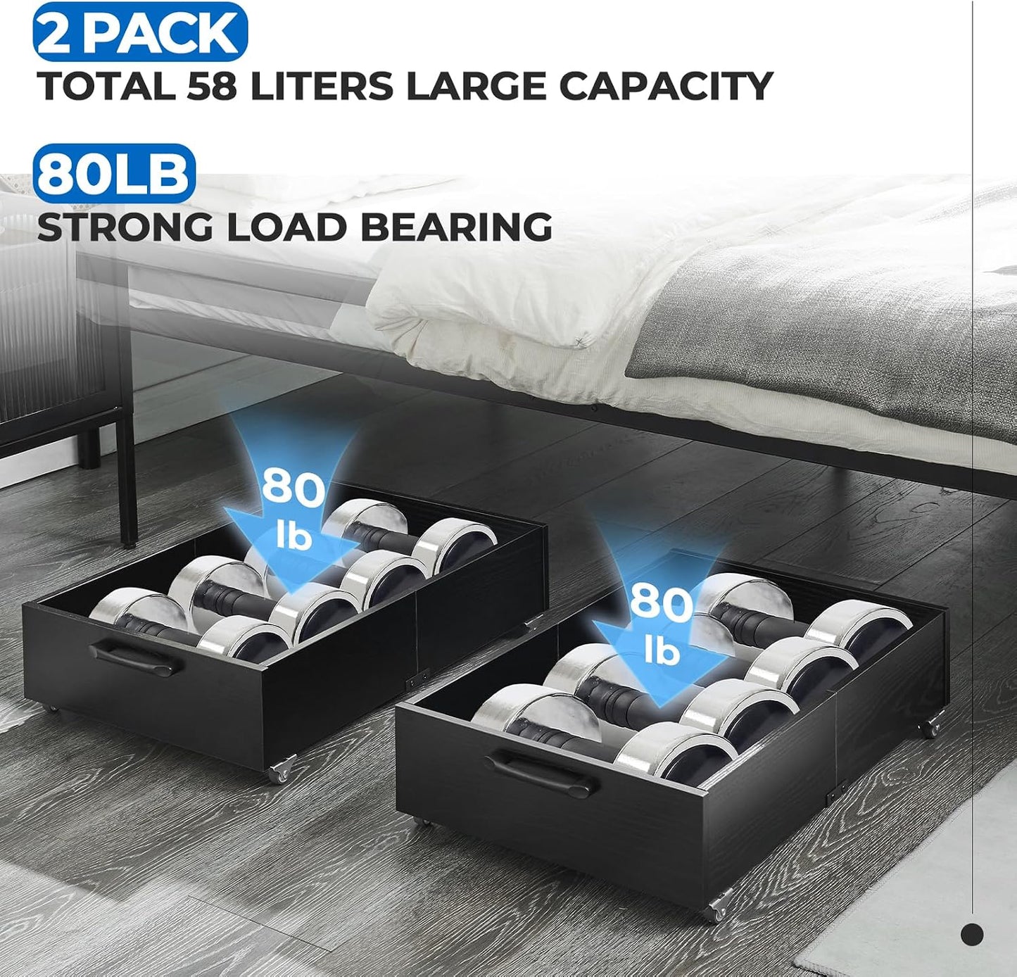 TIOPGHAD 2-Pack Under Bed Storage Drawers Organizer with Wheels, Brown | 58L total capacity, 80 lb per Drawer, Fits 6 in Bed Clearance, Rolling Drawers for Shoes, Clothes, Linens, Toys