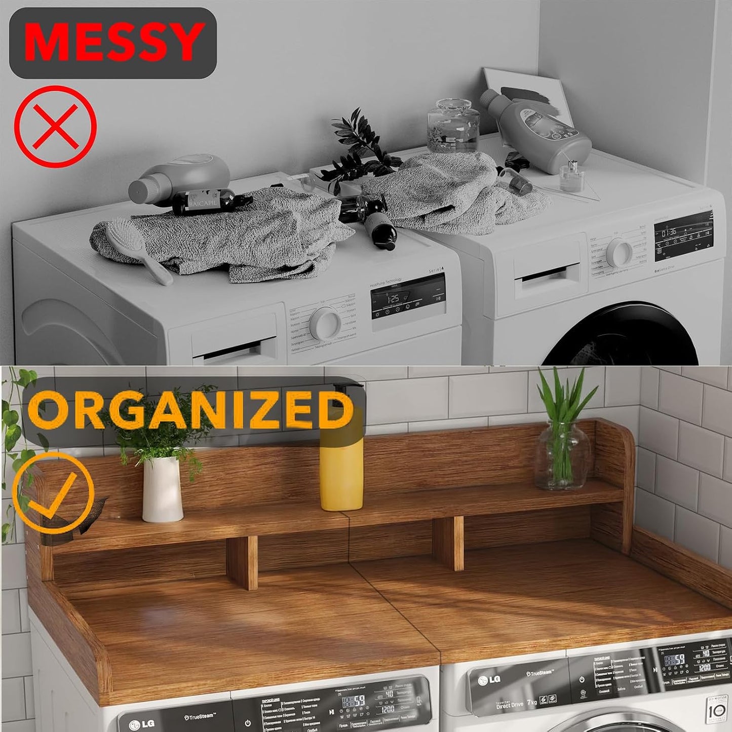 54" X 27.5" Washer and Dryer Countertop, Adjustable Laundry Countertop with Shelf, Extra Dividers, Folding Clothes Station, Over Machine Storage for Detergents & Essentials (Natural)