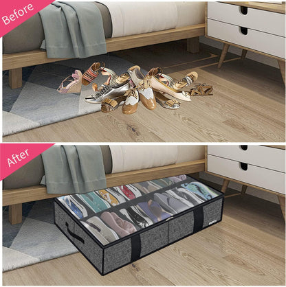 Onlyeasy Sturdy Under Bed Shoe Storage Organizer, Set of 2, Fit 12 to 24 Pairs, Underbed Shoes Closet Storage Solution with Clear Window, Breathable, L29.3 x W23.6 x H5.9, Linen-like Black, MXAUBSB2P