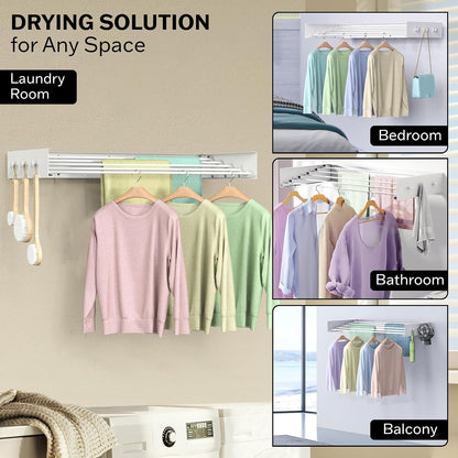 Wall Mounted Drying Racks for Laundry (31.5 Inches Wide) – Retractable Clothes Drying Rack wall Mounted with Carbon Steel Panel 6 Knobs & 5 Aluminium rods, Wall Drying Rack with Screws (Black)