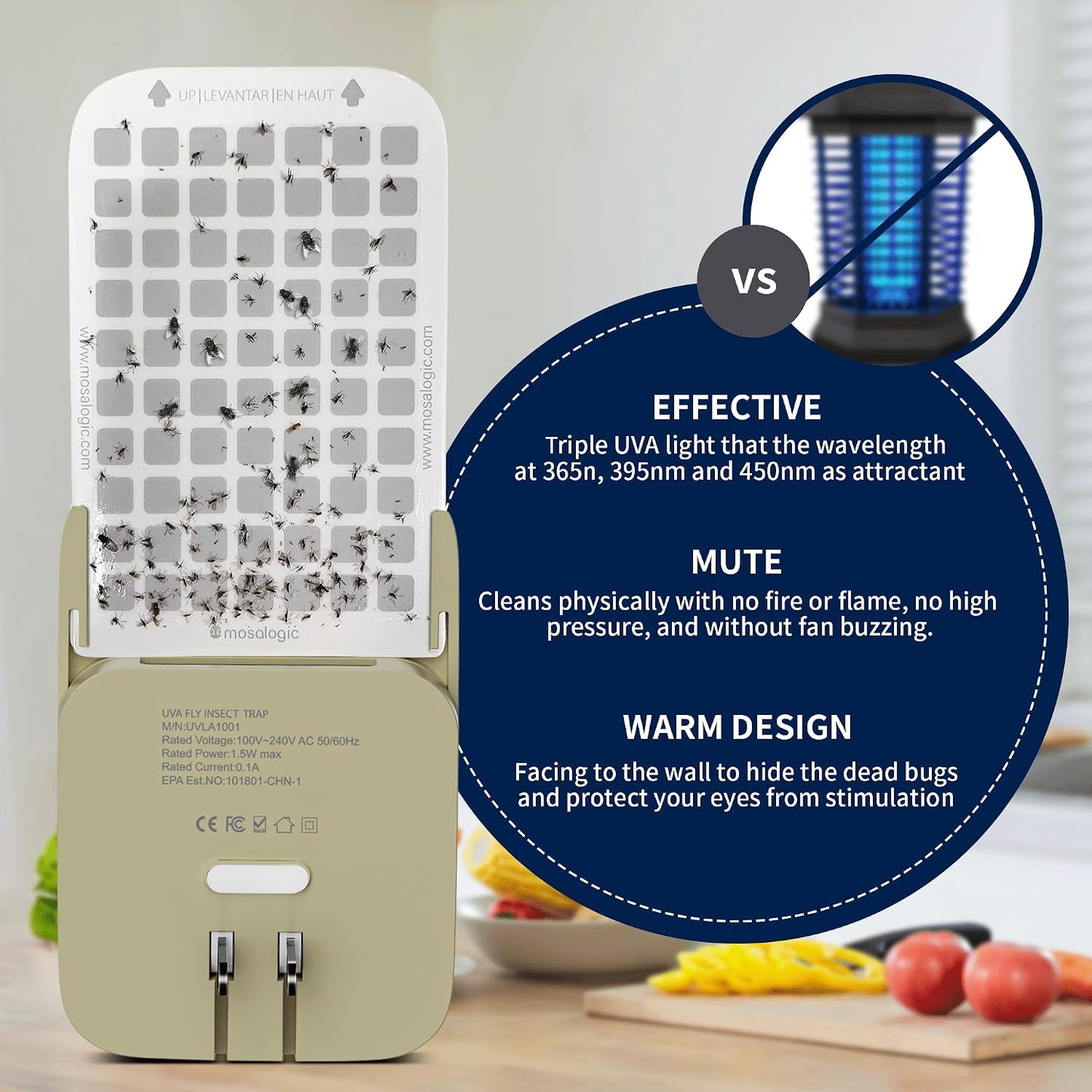 Mosalogic Fruit Fly Traps for House Use Gnat Trap Flying Insect Trapper Plug-in Mosquito Killer Indoor Gnat Moth Catcher Fly Tapper with Night Light UV Attractant Catcher for Home Office White-1PACK