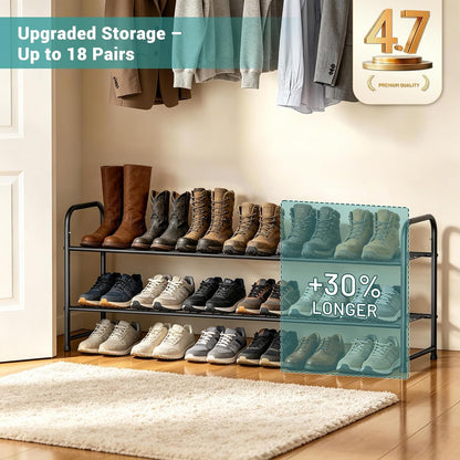 AOODA Long 3 Tier Metal Shoe Rack for Closet Wide Stackable Shoe Storage Organizer for Entryway, Bedroom, Floor, 24-Pairs Men Sneakers Shoe Shelf with Wire Grid, Black