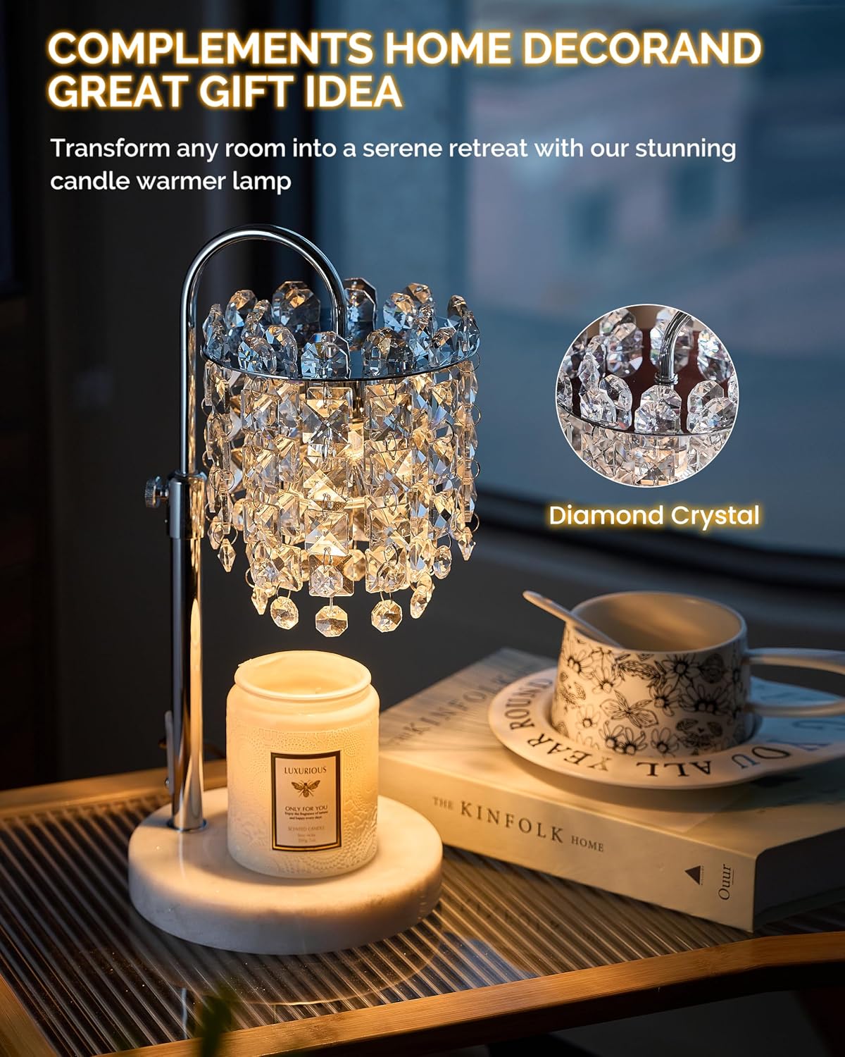 Candle Warmer Lamp with Timer Dimmer Adjustable Height Candle Warmer with Marble Base for Jar Candles, Crystal Candle Lamp with 3 Bulbs for New Home Decor, Women Mom Christmas Birthday Gifts, Silver