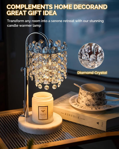 Candle Warmer Lamp with Timer Dimmer Adjustable Height Candle Warmer with Marble Base for Jar Candles, Crystal Candle Lamp with 3 Bulbs for New Home Decor, Women Mom Christmas Birthday Gifts, Silver