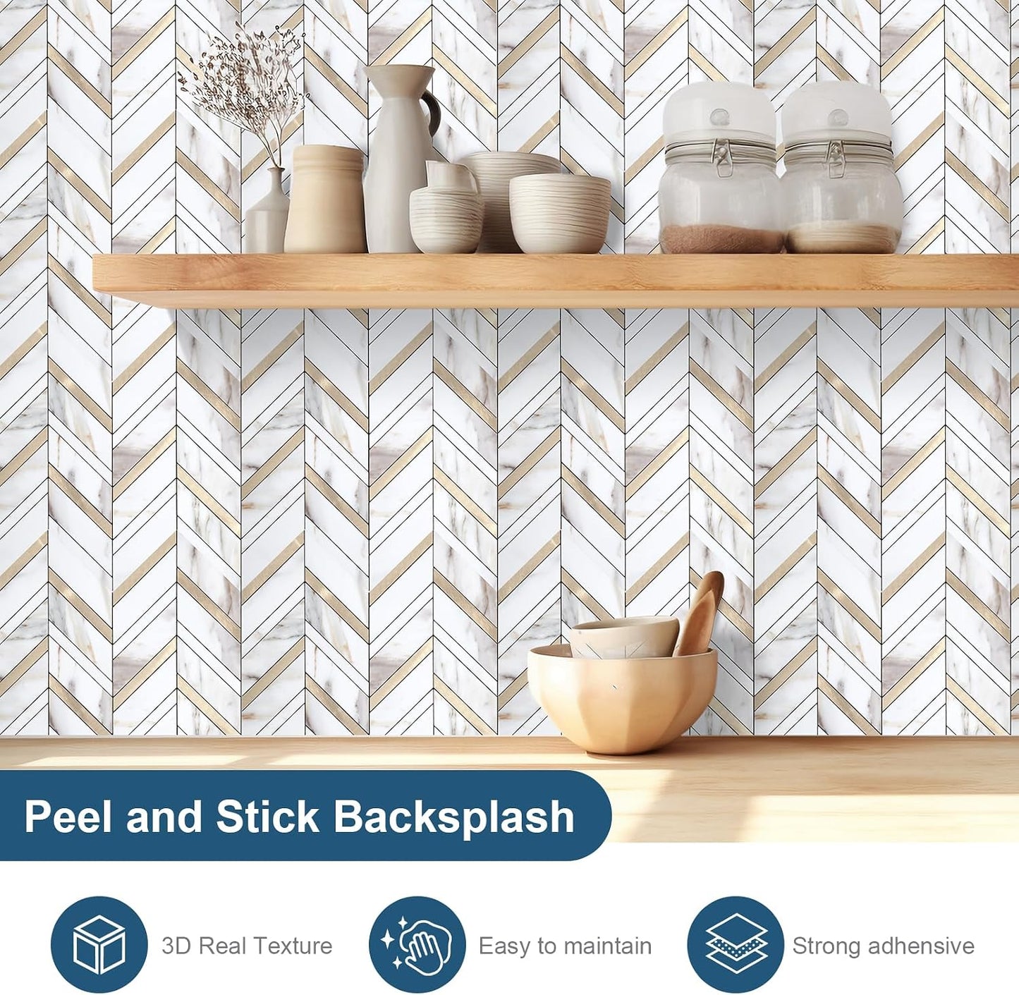 Yipscazo 10-Sheet Herringbone Backsplash Peel and Stick Tile, Polished White PVC Stick on Backsplash for Kitchen, Waterproof Self Adhesive Wall Tile for Bathroom