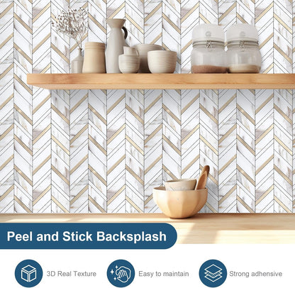 Yipscazo 10-Sheet Herringbone Backsplash Peel and Stick Tile, Polished White PVC Stick on Backsplash for Kitchen, Waterproof Self Adhesive Wall Tile for Bathroom