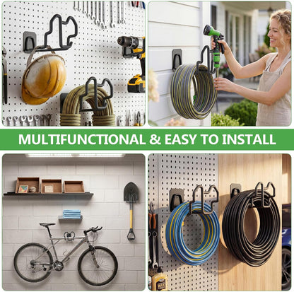 Heavy Duty Garden Hose Holder Wall Mount - Gloss Black Rust-Resistant Metal Hanger with Nozzle Slot, PVC Coated for Indoor/Outdoor Use