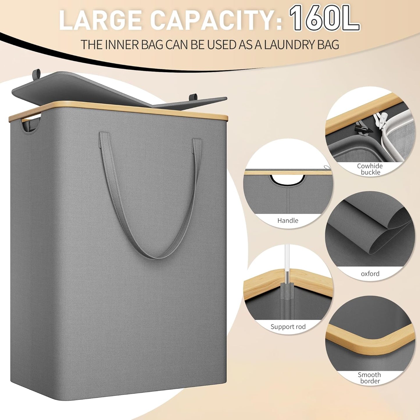 175L Laundry Hamper with Lid 3 Section, Extra Large Laundry Basket with 3 Removable Bags, 46 GAL Laundry Basket Organizer for Bedroom, Laundry Room, Dorm, Grey