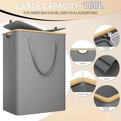 175L Laundry Hamper with Lid 3 Section, Extra Large Laundry Basket with 3 Removable Bags, 46 GAL Laundry Basket Organizer for Bedroom, Laundry Room, Dorm, Grey