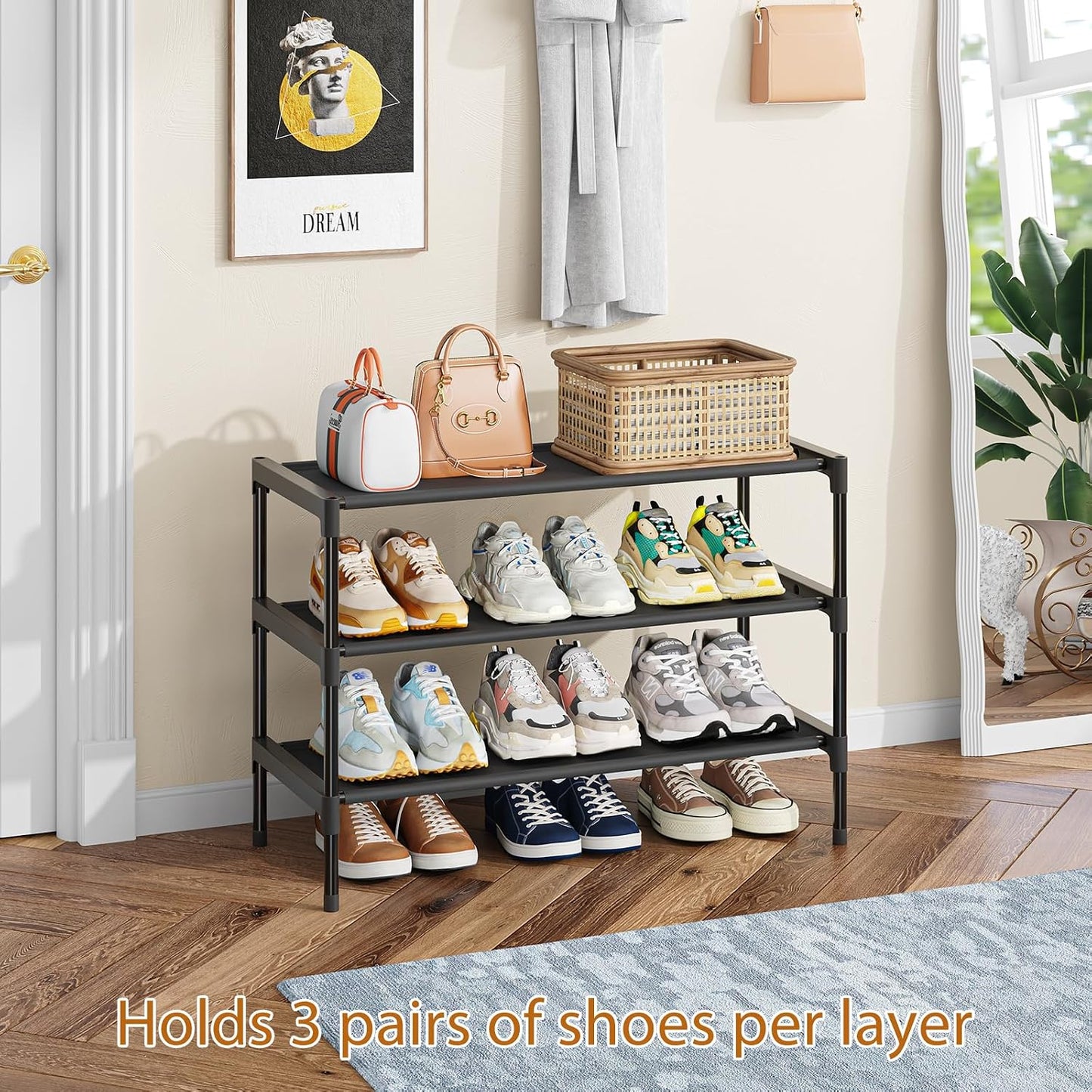 Simple Trending 3-Tier Stackable Shoe Rack, Expandable & Adjustable Shoe Shelf Storage Organizer, Wire Grid, Black