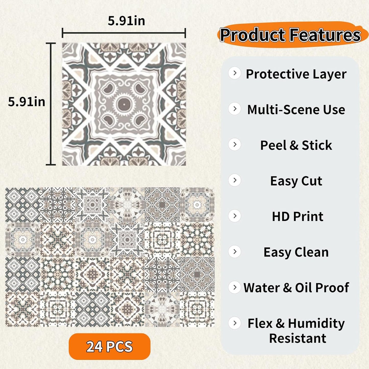 PVC Peel and Stick Tile Stickers 24Pcs Waterproof Removable Backsplash Wall Decals Self-Adhesive Subway Stickers for Kitchen Bathroom RV Instant DIY Upgrade Sticker (Style D, 3.94 x 3.94 Inch)