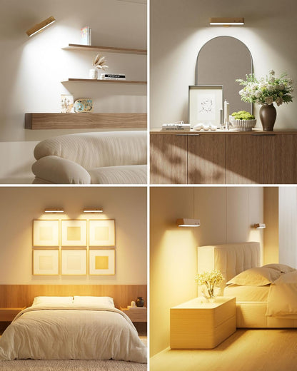PopoIron Rechargeable LED Wall Sconces Set of Two,Wall Lights for Bedroom with Remote Control and Touch,360° Magnetic Rotation,3 Colors Dimmable Brightness Wood Wall Lamps with 15 RGB Colors,2 Pack