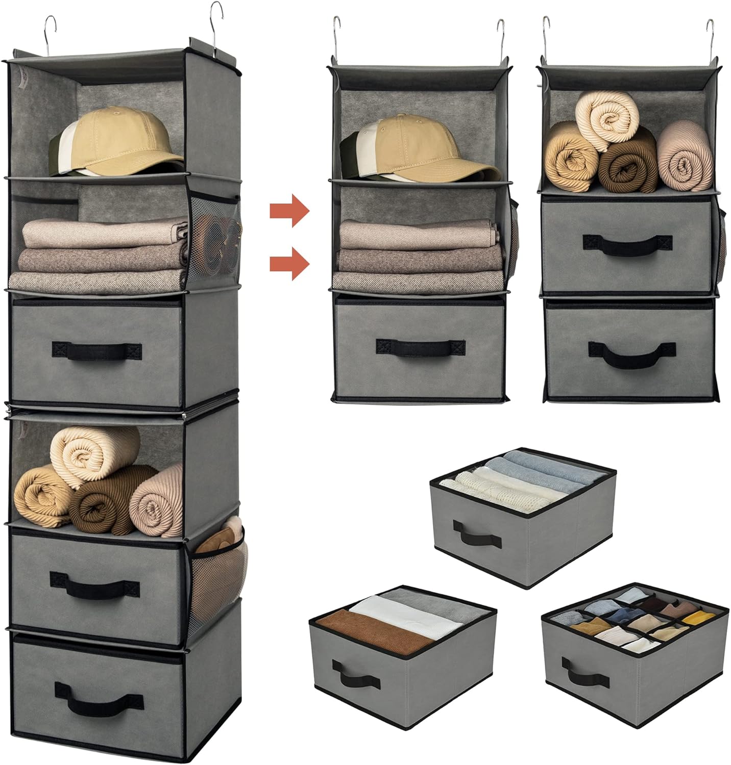 GRANNY SAYS Hanging Closet Organizer 6 Shelves, Closet Organizers and Storage with 5 Drawers, 6 Side Pockets Closet Hanging Organizer, Hanging Storage Organizer for Closet, Baby Clothes, Gray