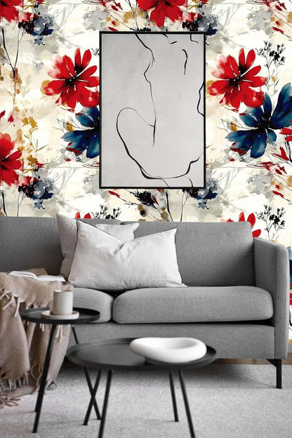 Red Watercolor Floral Peel and Stick Wallpaper Removable Self Adhesive Floral Wall Covering for Living Room Bedroom Accent Wall 17.7 x 70.8 in