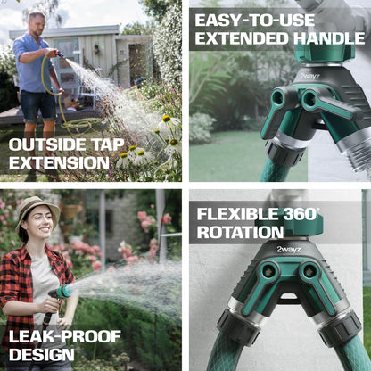 2WAYZ Hose Splitter 2 Way Heavy Duty Outdoor Faucet and Garden Connector - Water Spigot Splitter - Durable All-Metal Y Adapter with Shut-Off Valve - 4 x 4 x 1.5 Inches