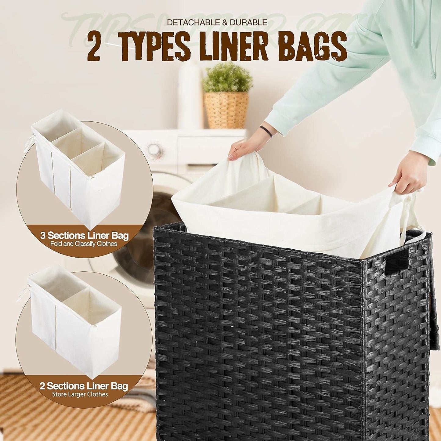 Greenstell Laundry Hamper with Lid, 125L Wicker Laundry Baskets with 2 Removable Liner Bags & 5 Mesh Laundry Bags, Handwoven Rattan Clothes Hamper with Handles for Clothes in Bathroom, Bedroom