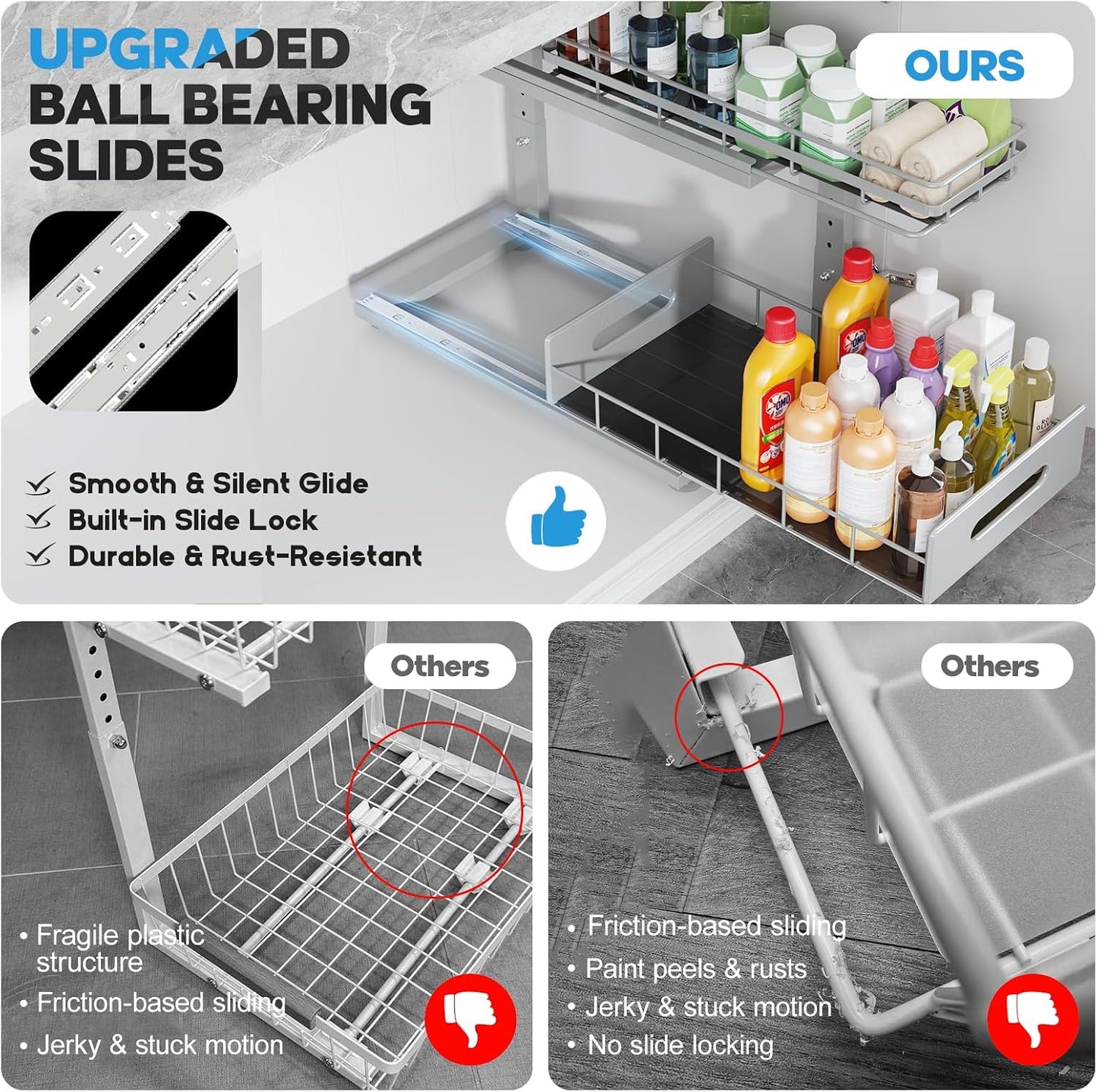 Under Sink Organizer Upgrade To Professional Rails,2-Tier Dual Pull Out Cabinet Storage,Height Adjustable Slide Out Drawers For Bathroom Kitchen,2 Pack-14.5" Dx12.8-16.9" H,White