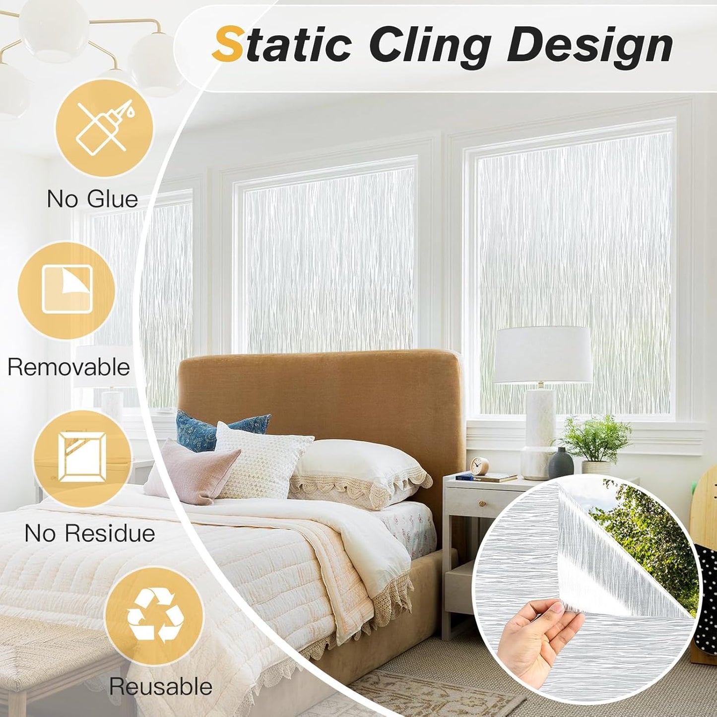 Haton Window Privacy Film, Frosted Glass Static Cling Sun Heat Blocking Window Clings, Frosting Opaque Coverings Stickers Tint for Home Office Door, Non Adhesive, White 17.5" x 78.7"