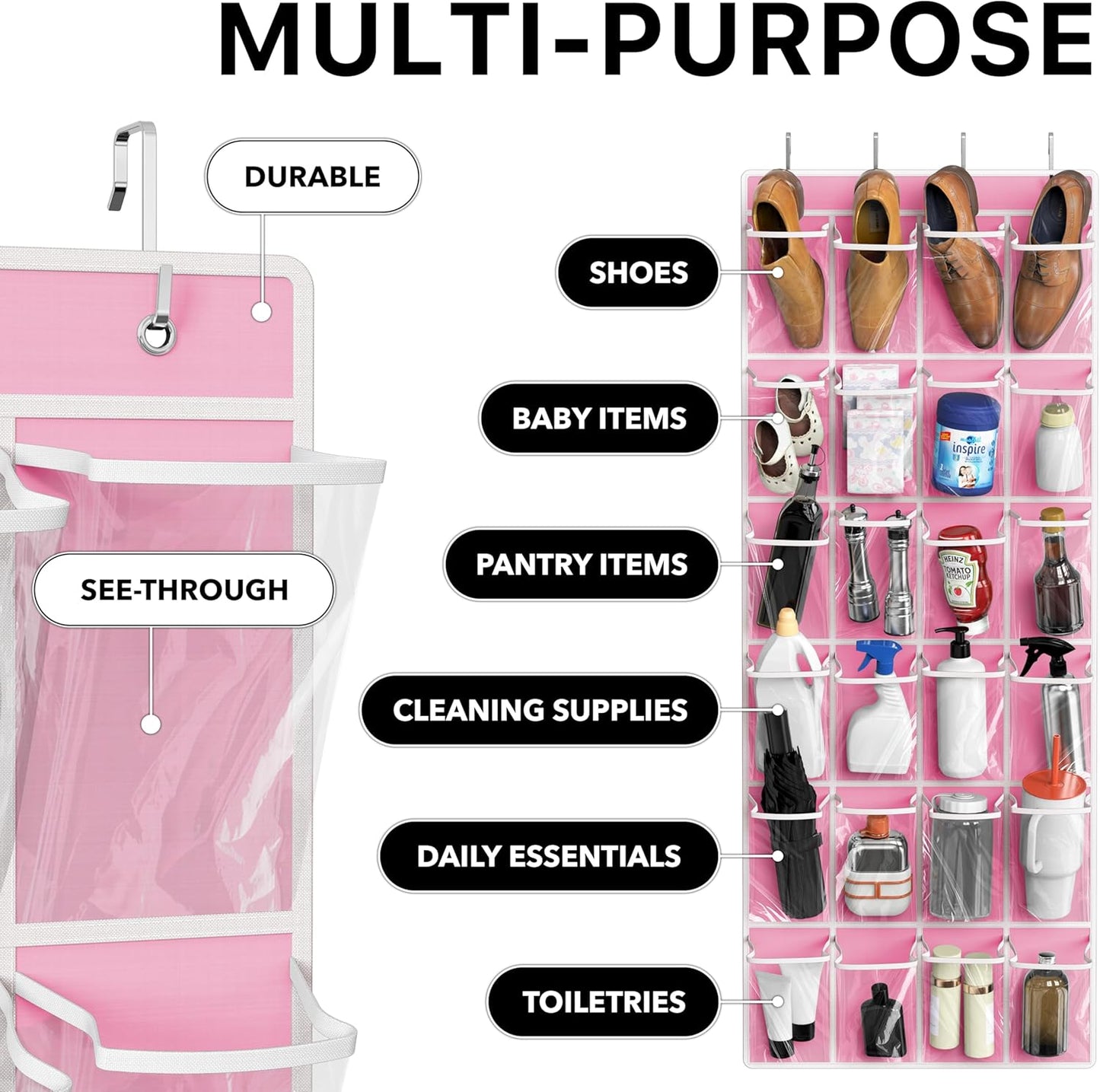 Simple Houseware 24 Pockets - Crystal Clear Over The Door Hanging Shoe Organizer, Gray (64'' x 19'')