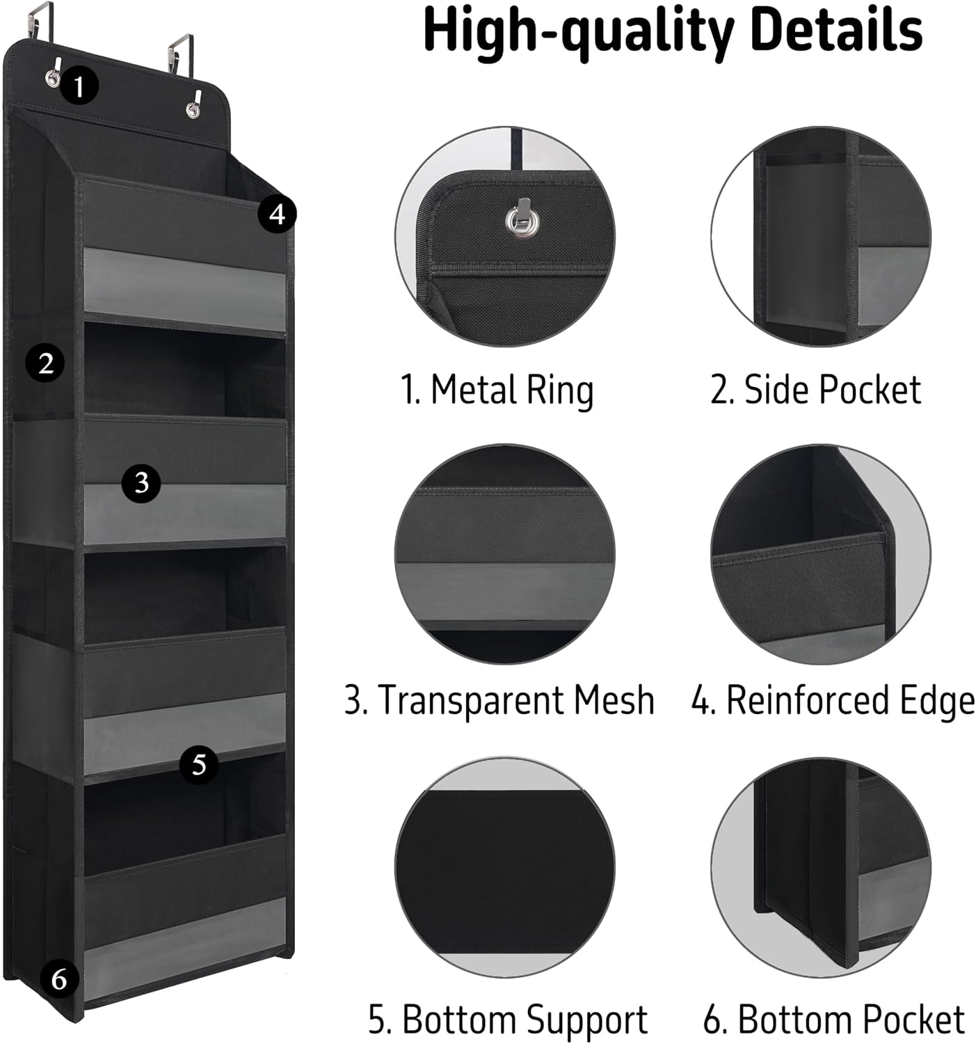 TYMENSH Black Over Door Organizer with 4 Large Clear Pockets, Compact Black Hanging Door Storage for Closet, Bathroom, Bedroom, Dorm, Nursery, Toys, Cosmetics, Baby Essentials