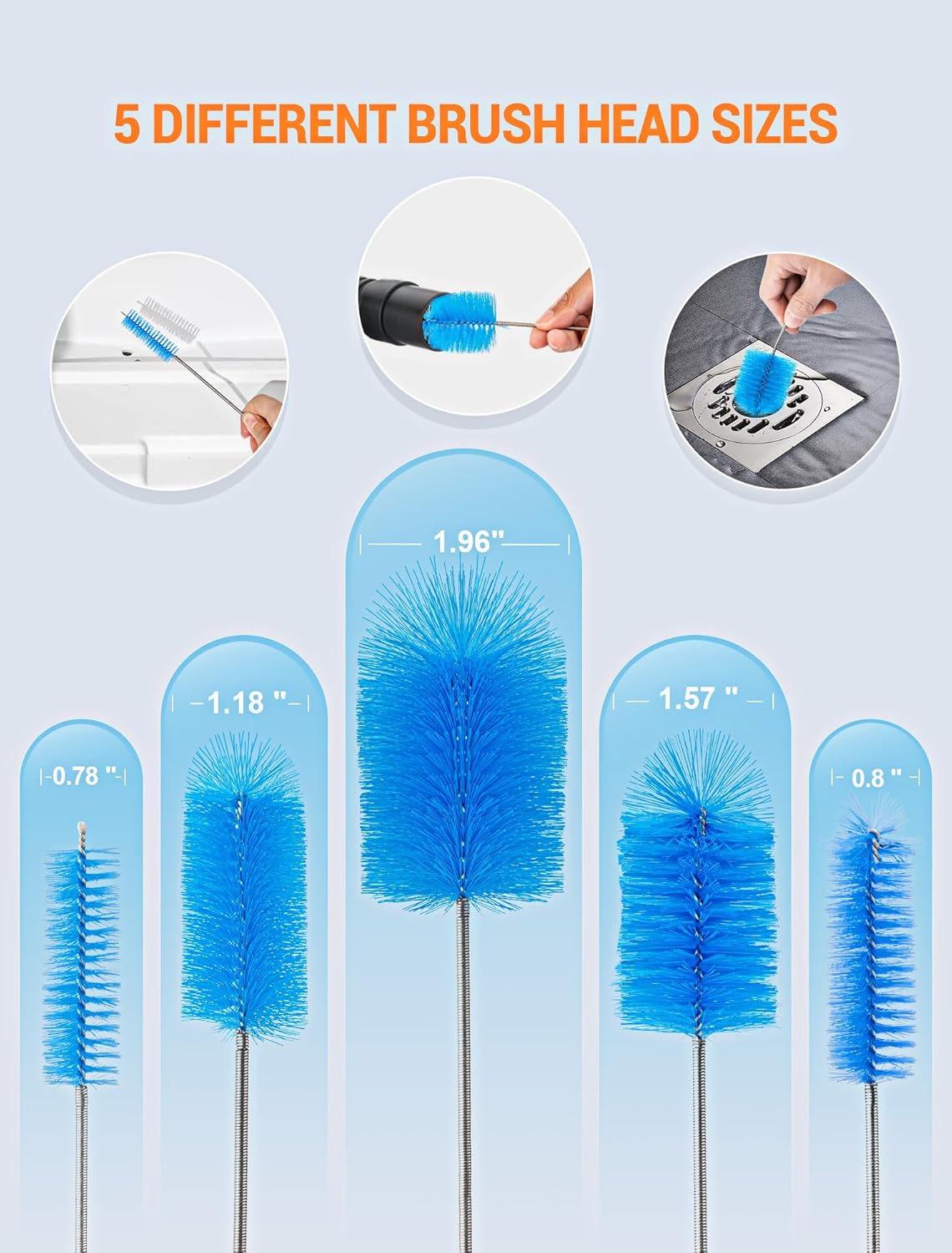 EVOULTES 66" Flexible Drain Brush Tool with Large Brush Head and Double Elastic Nylon Ends, Stainless Steel Long Tube Cleaning Brushes for Kitchen, Sink, Drain Pipe and Long Pipe Cleaning
