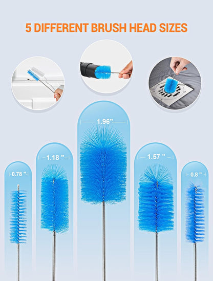 EVOULTES 66" Flexible Drain Brush Tool with Large Brush Head and Double Elastic Nylon Ends, Stainless Steel Long Tube Cleaning Brushes for Kitchen, Sink, Drain Pipe and Long Pipe Cleaning