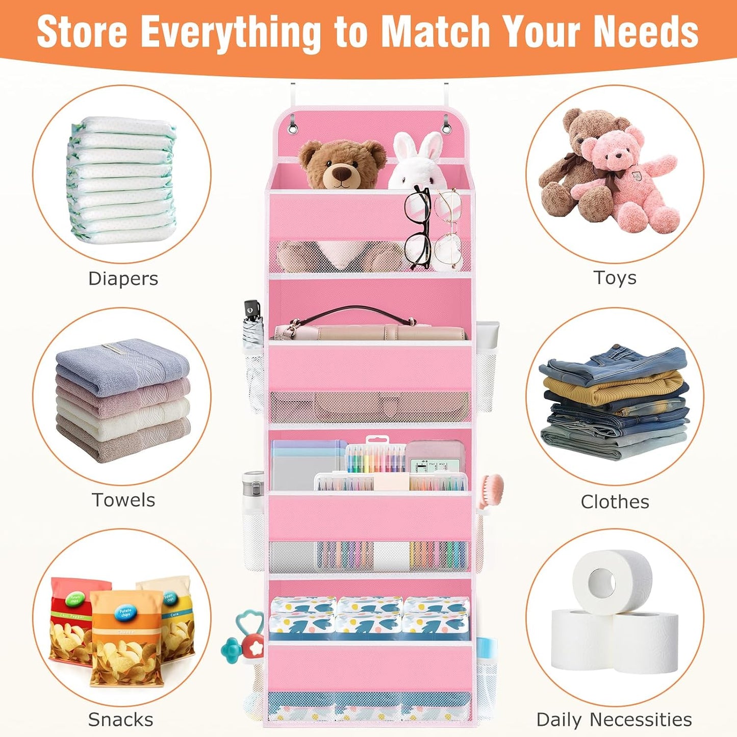 WISELIFE Over The Door Organizer Storage 4 Shelves Large Capacity Hanging Bedroom Storage Solution with 6 Side Pockets for Dorm Bathroom Pantry Nursery and Baby Essentials Holds up to 40 Lbs (Black)