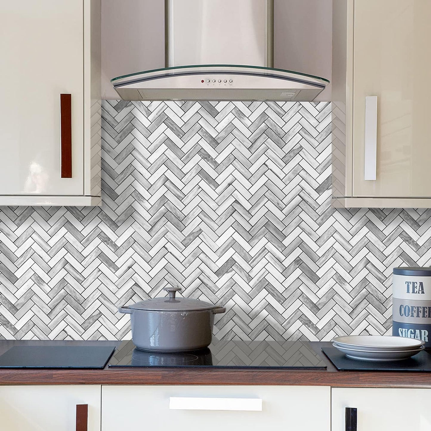 STICKGOO 10 Sheets Herringbone Peel and Stick Backsplash, Stick on Aluminum Composite PVC Kitchen Backsplash, Marble White Mixed Light Grey Look Self Adhesive Wall Tiles
