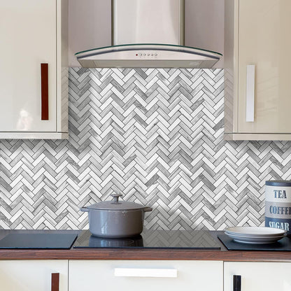 STICKGOO 10 Sheets Herringbone Peel and Stick Backsplash, Stick on Aluminum Composite PVC Kitchen Backsplash, Marble White Mixed Light Grey Look Self Adhesive Wall Tiles
