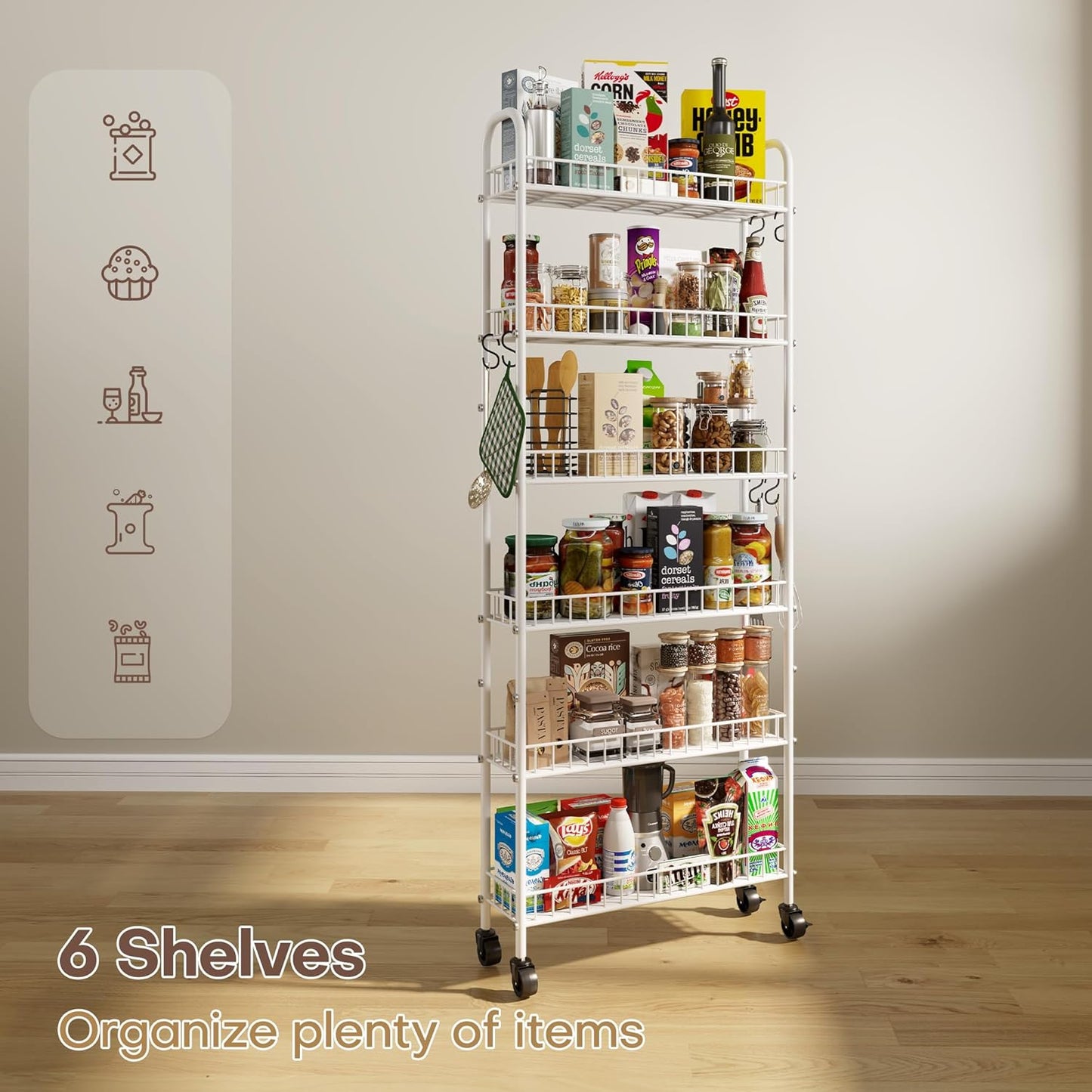 Slim Rolling Storage Cart with Wheels, Metal 6 Tier Spice Rack Mobile Shelving Unit Organizer Kitchen Utility Cart for Office Bathroom Kitchen Laundry Room Narrow Places (6inches)