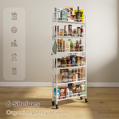Slim Rolling Storage Cart with Wheels, Metal 6 Tier Spice Rack Mobile Shelving Unit Organizer Kitchen Utility Cart for Office Bathroom Kitchen Laundry Room Narrow Places (6inches)