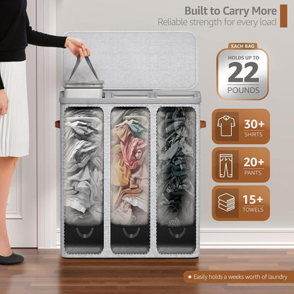 Sorbus Laundry Hamper with Lid - Collapsible 3-Compartment Fabric Laundry Basket with Handles and Removable Laundry Bag – 50 Gallon (190 L) Dirty Clothes Hamper for Bedroom, bathroom and dorm (Beige)
