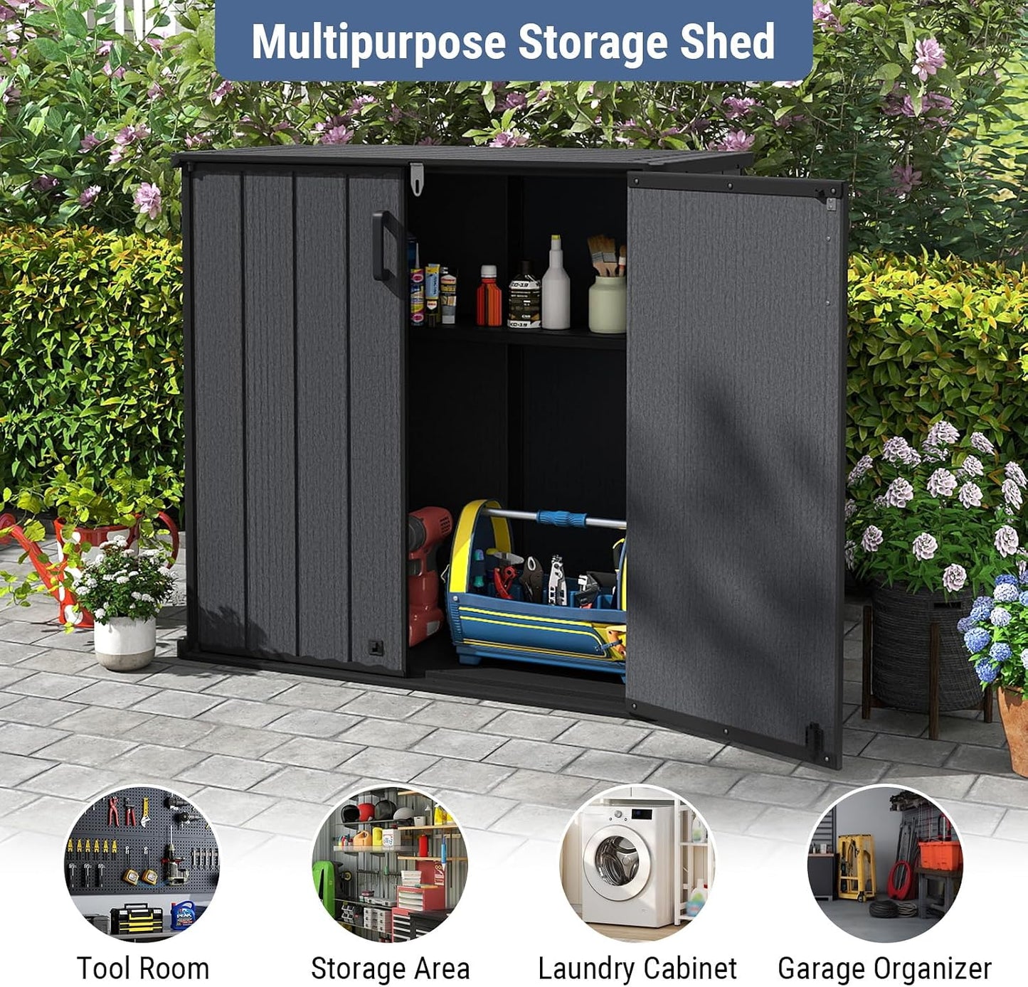 Tangkula 23.5 Cu.ft Outdoor Storage Shed, All-Weather Resin Patio Storage Box with Floor, Lockable Door & Removable Shelf, Waterproof Deck Box for Garden Tools
