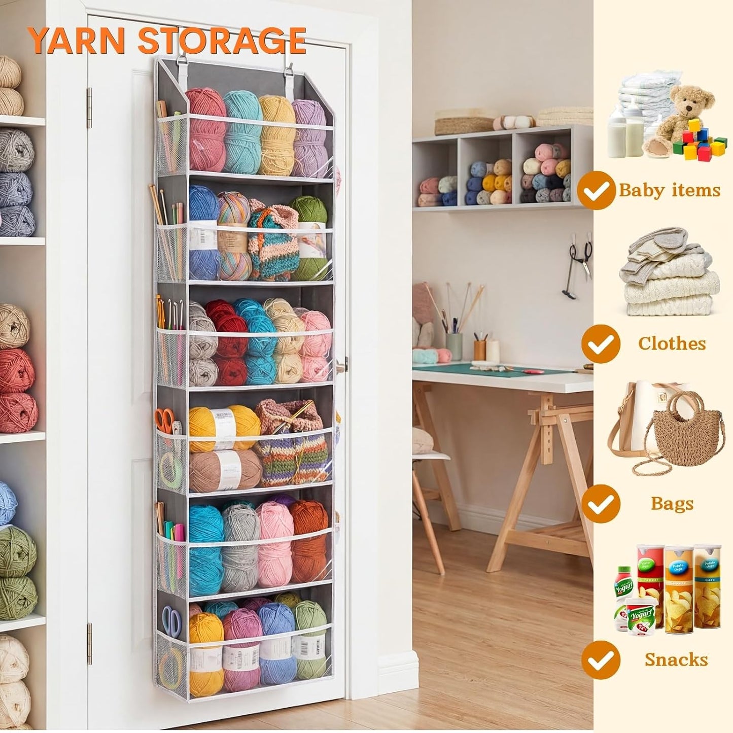 Over The Door Organizer, 5-Tier Extra Large Behind Door Storage with 10 Big Front & 10 Mesh Pockets, 80lb Capacity, Hanging Storage Organizer with Clear Window Kids Toys, Shoes, Diapers, Light Grey
