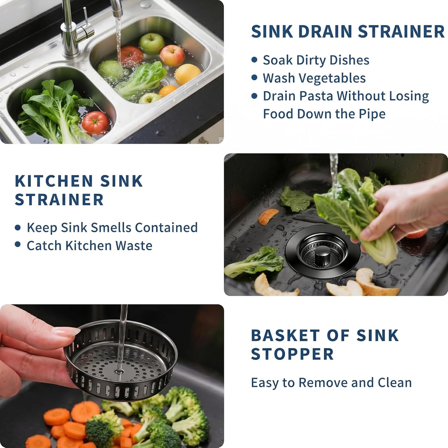 3-in-1 Kitchen Sink Drain Strainer - Pop Up Sink Stopper, Stainless Steel Sink Drain Strainer, Kitchen Sink Stopper & Drain Plug with Anti-Clogging Basket,Sink Strainer Fits US Standard 3-1/2'' Drains