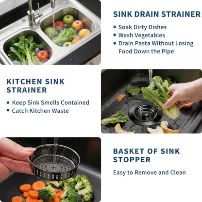 3-in-1 Kitchen Sink Drain Strainer - Pop Up Sink Stopper, Stainless Steel Sink Drain Strainer, Kitchen Sink Stopper & Drain Plug with Anti-Clogging Basket,Sink Strainer Fits US Standard 3-1/2'' Drains