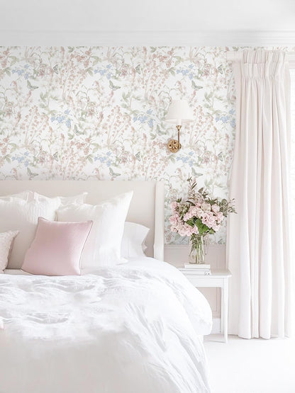 Dimoon 17.3''x78.7'' Vintage Peel and Stick Wallpaper Boho Beige Neutral Contact Paper White Floral Bird Wallpaper Removable Botanical Renter Friendly Modern Wall Paper Bedroom Bathroom Vinyl Roll