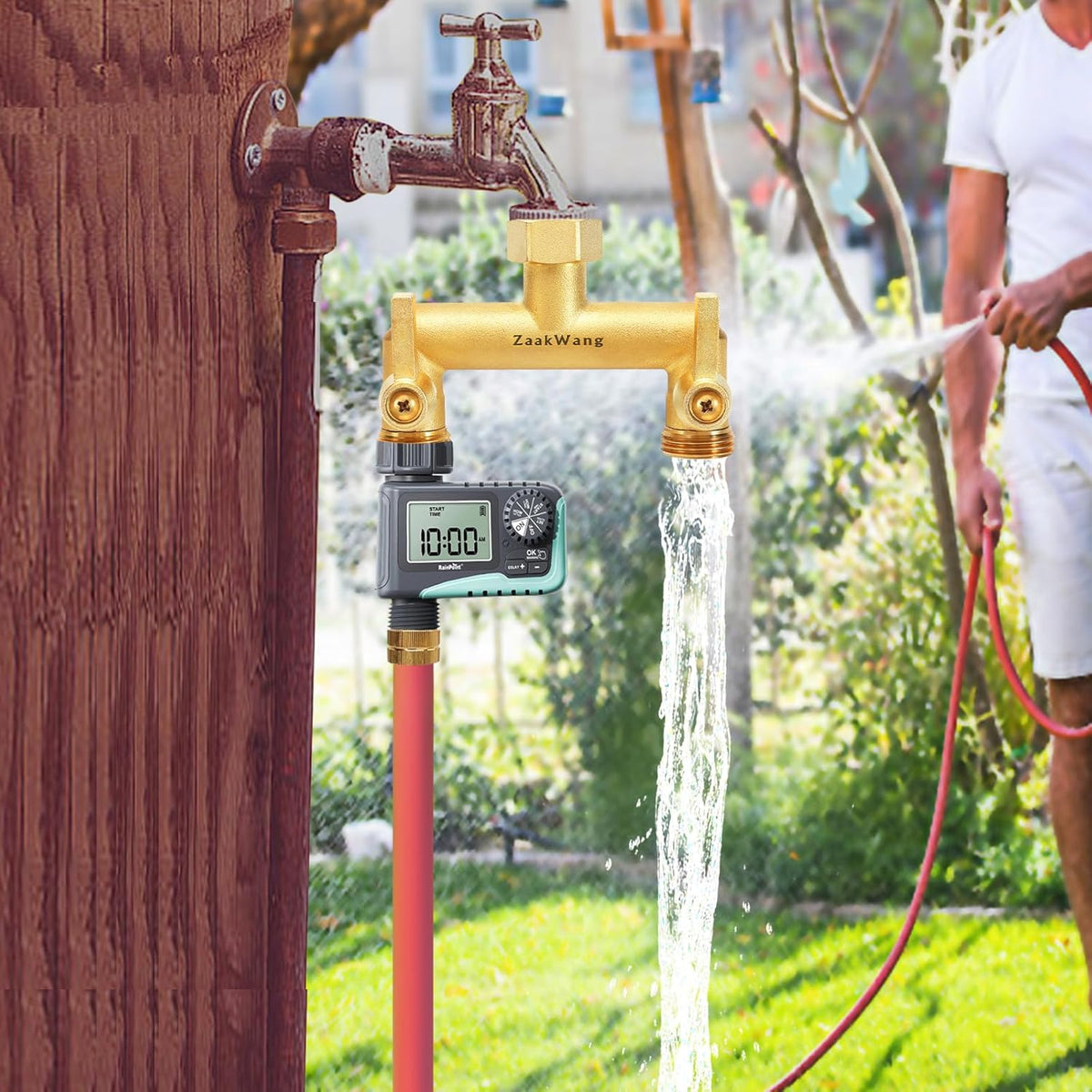 Heavy Duty Brass 2-Way Garden Hose Splitter, 3/4" GHT Threads, Metal Shutoff Valve, Long Handle
