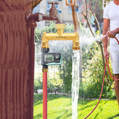Heavy Duty Brass 2-Way Garden Hose Splitter, 3/4" GHT Threads, Metal Shutoff Valve, Long Handle