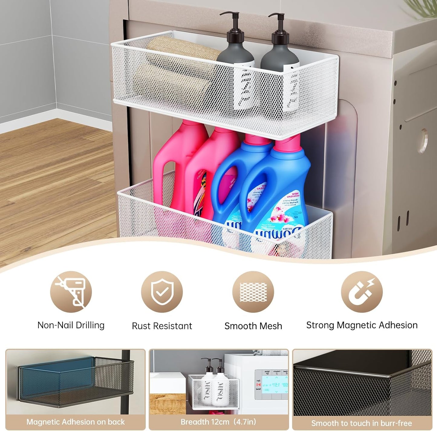 Magnetic Shelf for Washing Machine, Washer Dryer Shelf, Magnetic Lint Bin for Laundry Room, Spice Rack, Magnetic Basket Organizer for Laundry Kitchen, 1 Pack (White, 10.63''L*4.72''W*3.03''H)