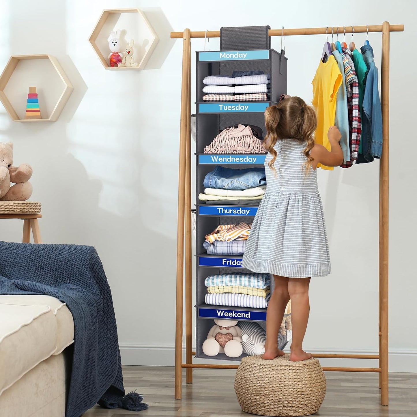 Fixwal 2 Pack 6-Shelf Weekly Hanging Closet Organizer for Kids, Kids Daily Clothes Organizers with 6 Side Pockets, Days of The Week Hanging Storage Shelves (White)