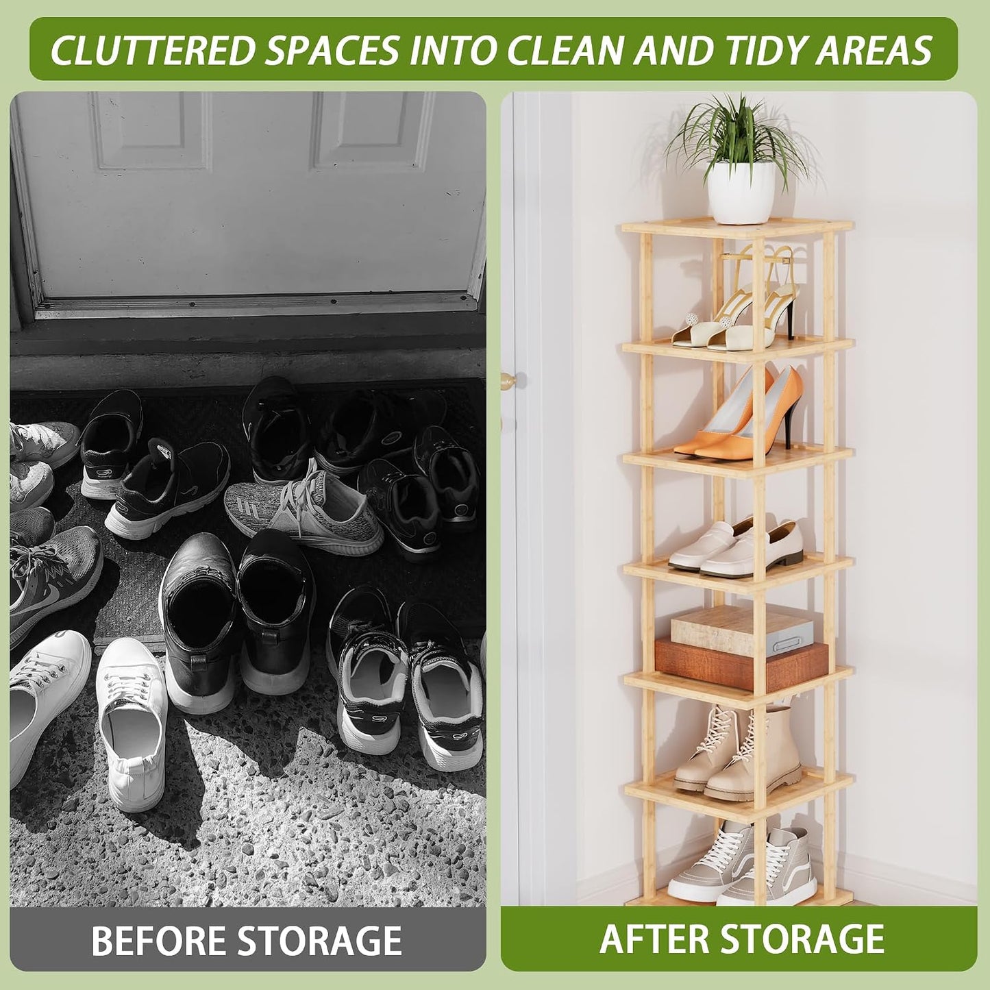 Vertical Tall Shoe Rack Organizer for Entryway -7 Tier Free Standing Slim Narrow Bamboo Wood Corner Stackable Shoe Boots Storage Stand Small Spaces for Closet Garage Cloakroom Living Room (Black)