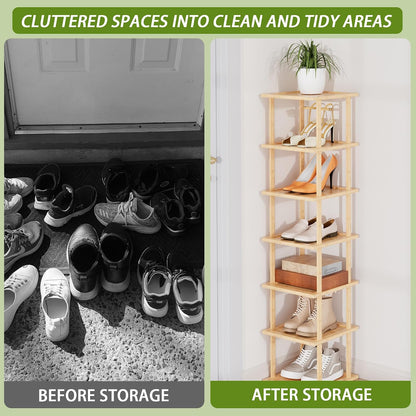 Vertical Tall Shoe Rack Organizer for Entryway -7 Tier Free Standing Slim Narrow Bamboo Wood Corner Stackable Shoe Boots Storage Stand Small Spaces for Closet Garage Cloakroom Living Room (Black)