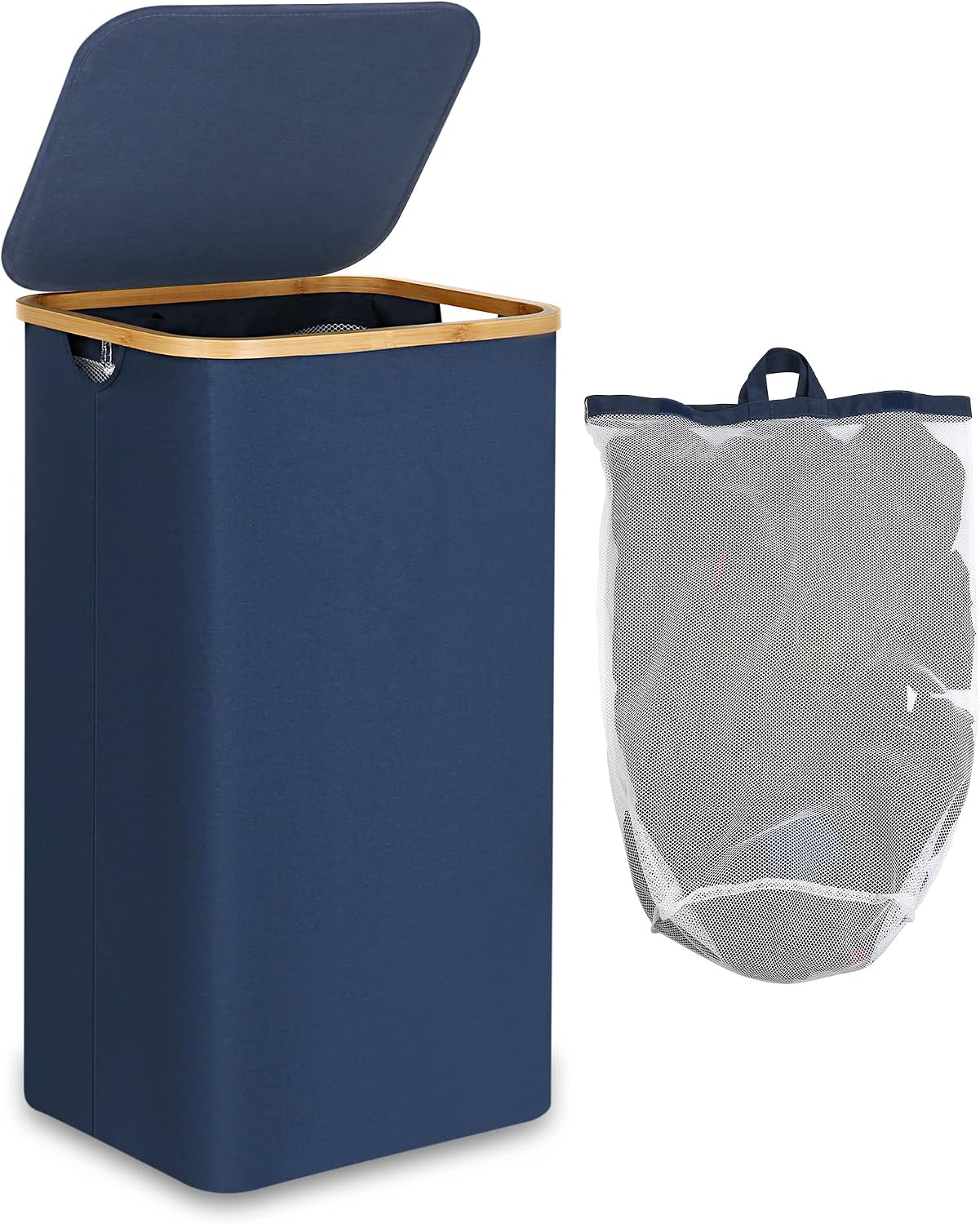 efluky Slim Laundry Basket with Lid, Narrow Laundry Hamper with Removable Bag, Skinny Dirty Clothes Basket with Bamboo Handles for Bathroom, Bedroom & Laundry Room, 75L Beige