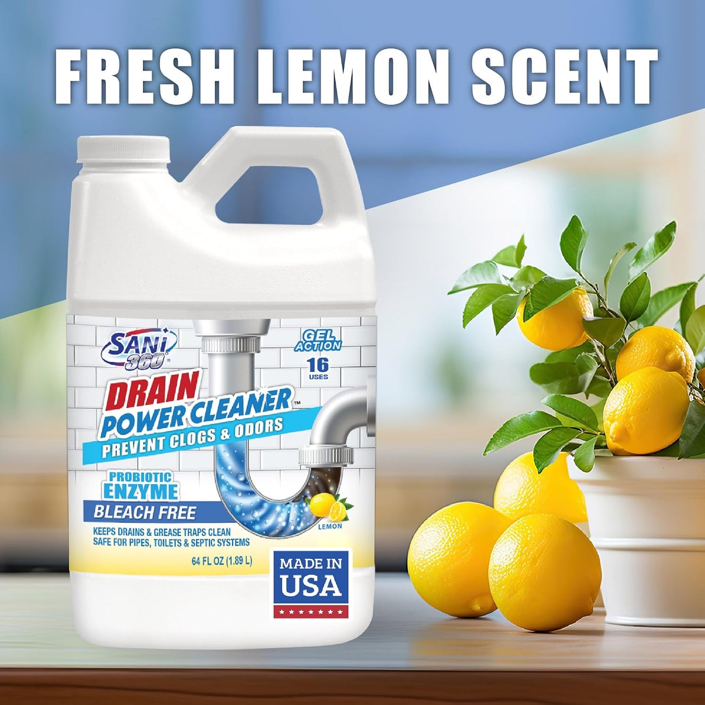 Sani 360 Drain Power Cleaner, Enzyme Probiotic Odor remover, Drain and Garbage Disposal Cleaner, Flush Away Grease, Soap Scum, Lemon scent Septic safe. Save Money on Plumbing, 16 uses, Made in the USA
