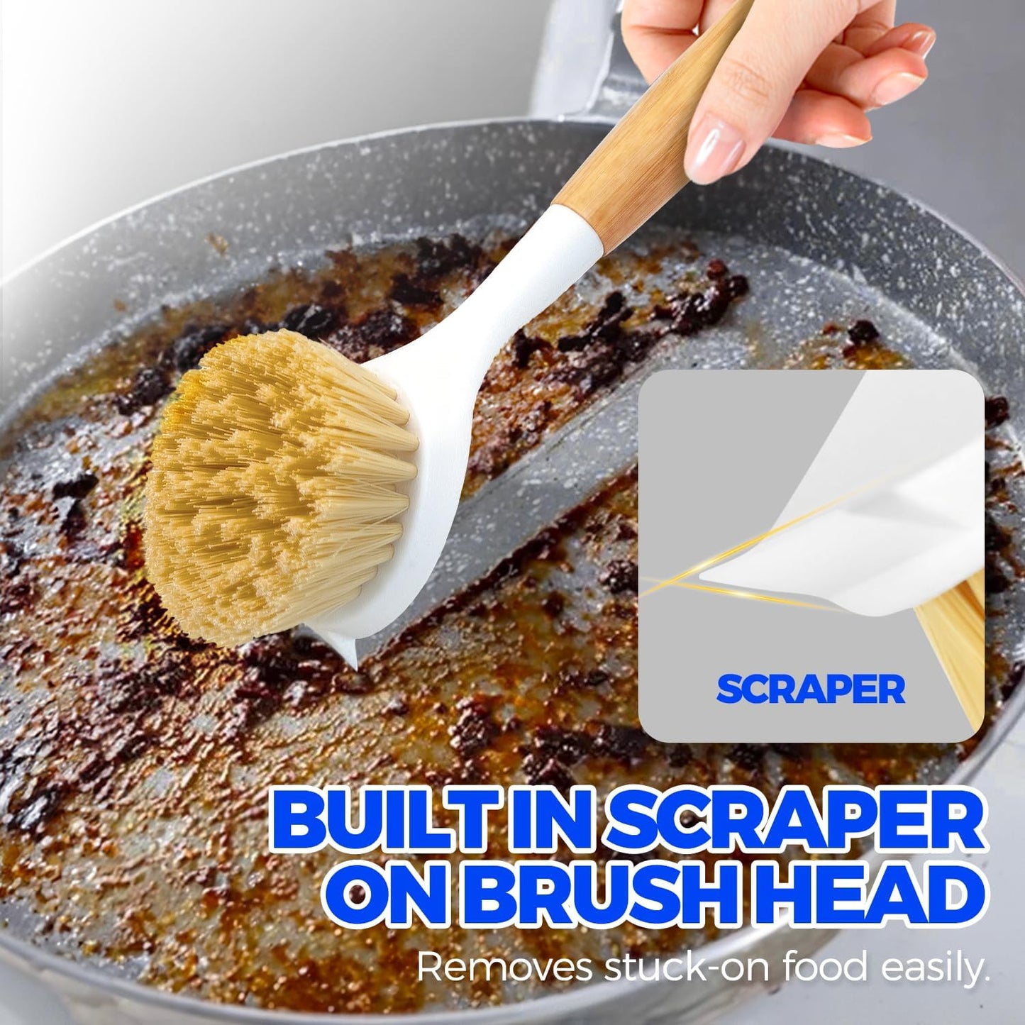 Holikme 3 Pack Dish Brush Set with Bamboo Handle, Kitchen Brushes for Cleaning Pot, Sink and Stove, Skillet Scrubber with Tough Bristles for Cast Iron Grill Pan, White Yellow Black