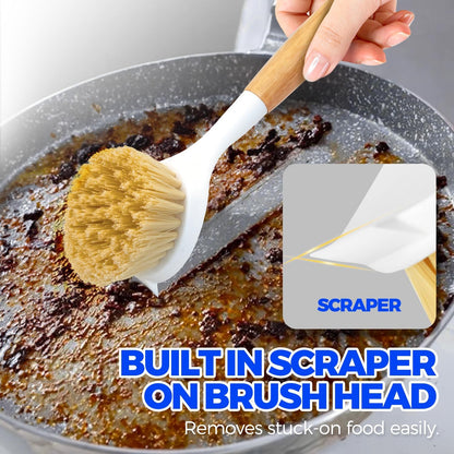 Holikme 3 Pack Dish Brush Set with Bamboo Handle, Kitchen Brushes for Cleaning Pot, Sink and Stove, Skillet Scrubber with Tough Bristles for Cast Iron Grill Pan, White Yellow Black